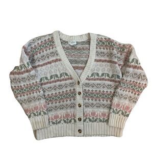 VTG Cardigan Sweater Cream Pink Green‎ Chunky Button Up L Grandma Cottagecore